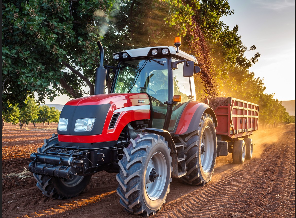 Tractor recogiendo pistachos
