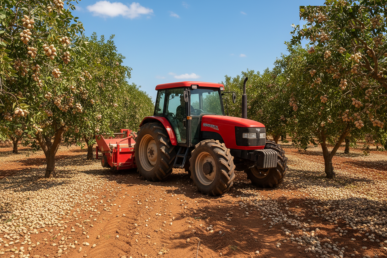Tractor recogiendo almendras